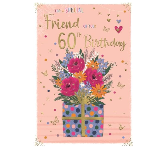 Birthday Card FRIEND 60th 60. 9"" Card *Gold foiling, and paper pages inside*