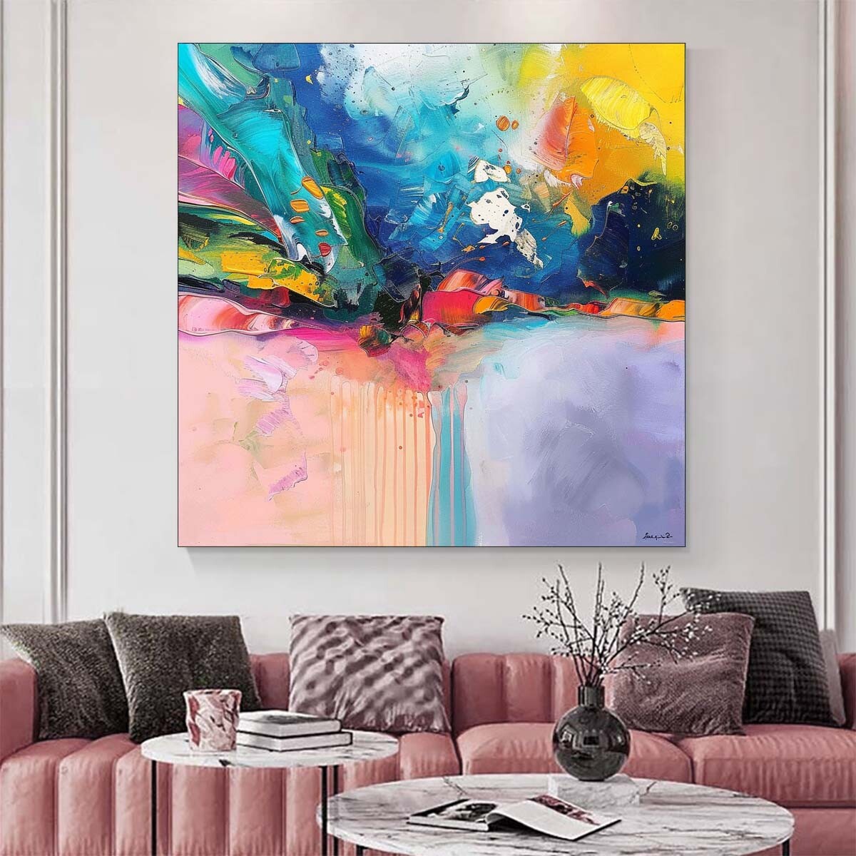 Hand Drawn Oil Painting of an Abstract Art Background with a Colorful Canvas of Pink, Blue, and
