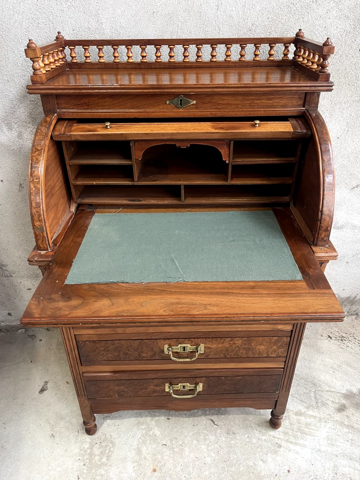 Антикварный викторианский секретарский стол 1880-х с рулонной крышкой из орехового дерева / цилиндром - Изображение 3 из 4