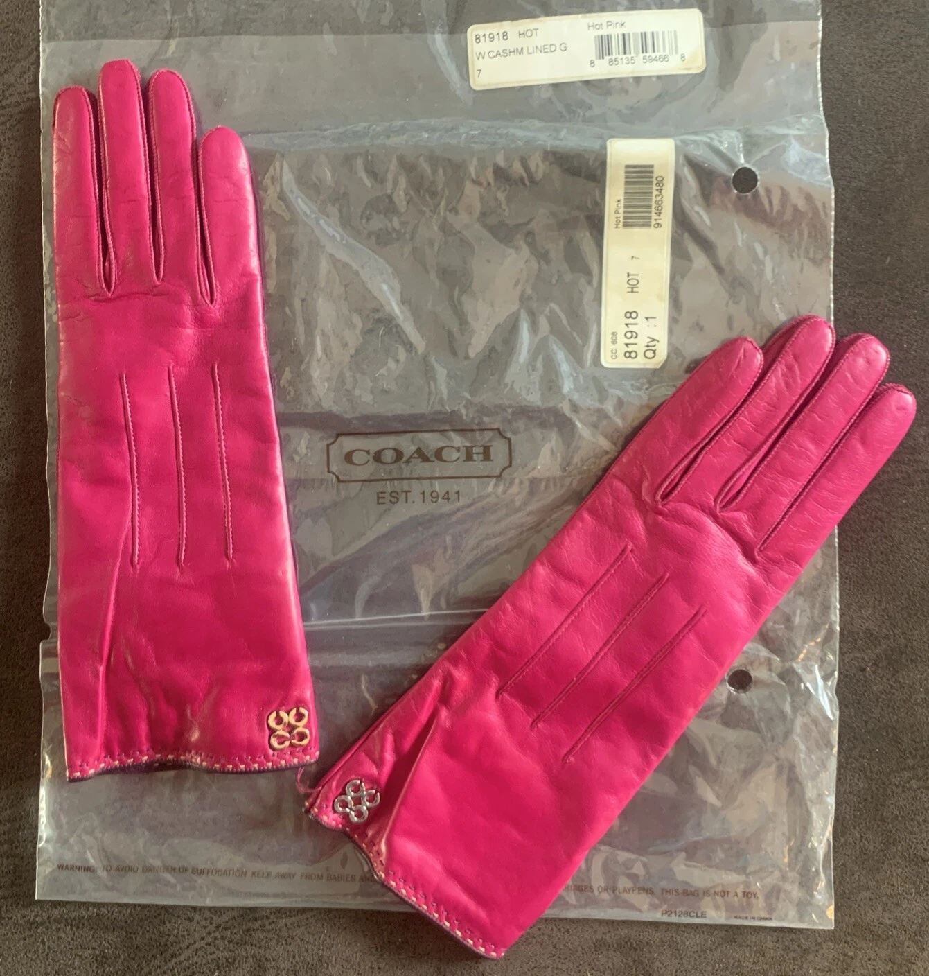 Coach Women's Leather Cashmere-Lined Hot Pink Gloves 81918 Size 7 New With Tags