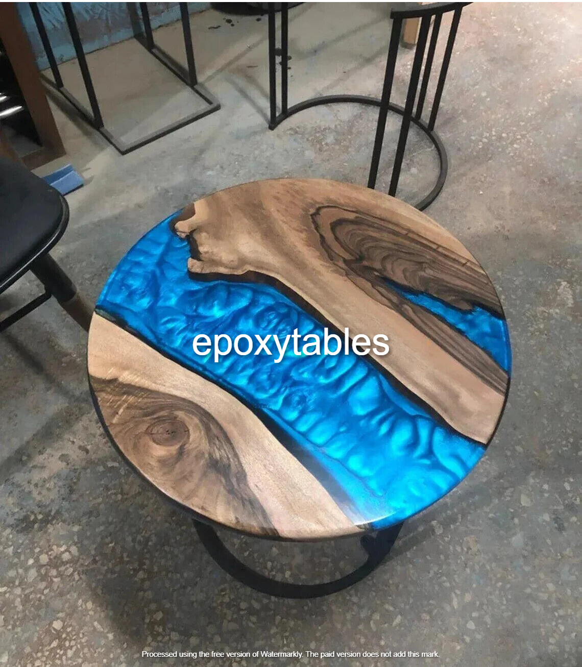 30 Inch Round Blue Epoxy Resin Coffee Table with Live Edge Wooden Base Handmade Home Decor-image