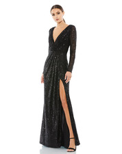 Ieena Mac Duggal LONG SLEEVE V NECK RUCHED FAUX WRAP SEQUINED GOWN 8