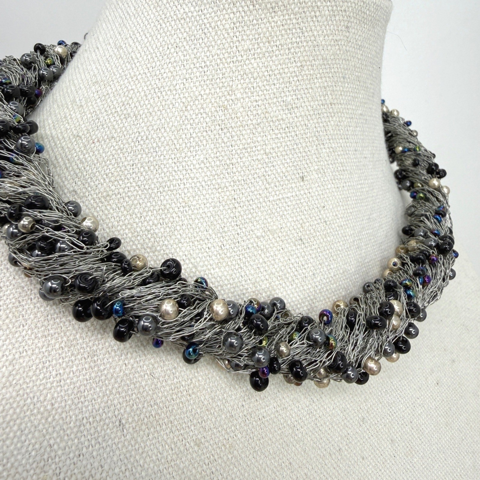 Wire Wrapped Pearl Beaded Statement Necklace Blac… - image 4