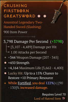  DIABLO 4 SEASON 13 Two Handed Sword 2GA STR +LH:Resource + Life+ WD GGEIII