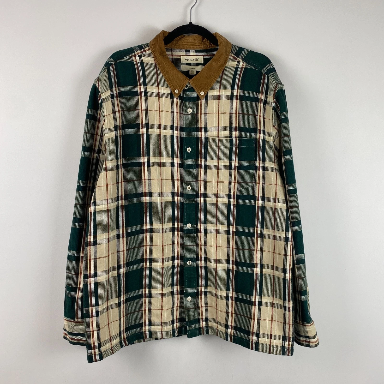 Madewell Corduroy-Collar Easy Long-Sleeve Shirt in Plaid Size XL Cotton