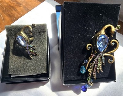 Avon Peacock Ring & Brooch Set 2011   Blue Faceted Glass Stone- Statement-NIB