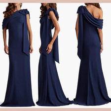 NEW 378 Tadashi Shoji  10  Bow One Shoulder Crepe Column Gown Navy Blue S2044