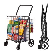 Folding Shopping Cart, Jumbo Grocery Cart with Double Baskets, 360  Swivel Wheel