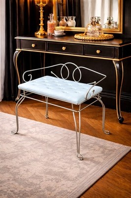white and gold dressing table stool Vintage French Style Dressing Table, White and Gold Trim, Triple Mirror and Stool