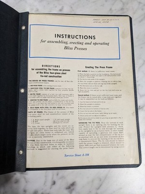 E W BLISS OPERATOR SERVICE MANUAL PARTS LIST PRESSES A-104 E B A C D TYPES 1948