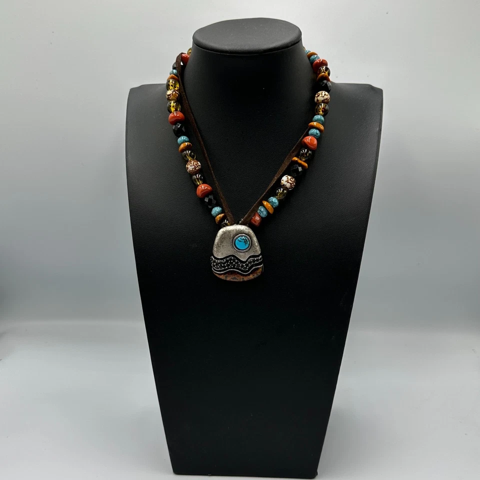 Chicos Pendant Necklace Faux Turquoise Orange Beaded Boho Southwestern 18 Inch - Image 3 of 4