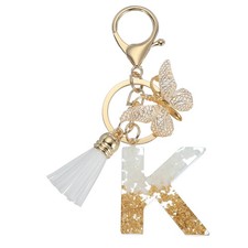 Alphabet K Tassel Butterfly Initial Letter Keychain Gold Tone/White, Pack of 1 