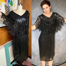 Vtg Beaded Sequined Dress Sz M 6 80's Party Evening black cocktail Wiggle