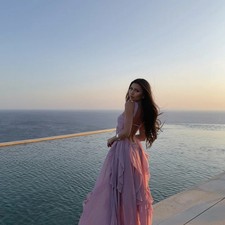 Custom Pink Glitter Backless Side Slit Prom Dresses Mesh Fabric A-line vestidos