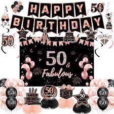 Decoraciones de 50 cumpleaños para mujer, precordadas negro oro rosa feliz cumpleaños...