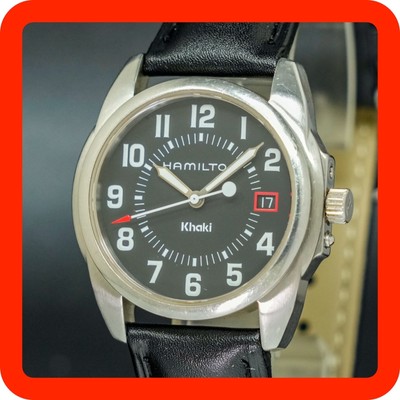 HAMILTON Khaki 6301 schwarzes Zifferblatt runde Form Datum Quarz Herrenuhr