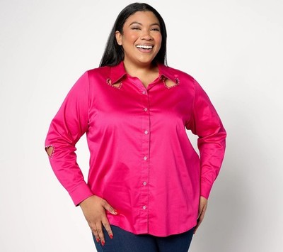Attitudes by Renee Shirt Size 3X Woven Heart Cutout Button Up Lipstick Pink NEW