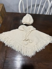 Vintage 1980s Child Hand Knit Poncho Cape Hat Set Ivory Fringe Pom Pom