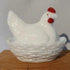 VTG Westmoreland 3.5" Milk Glass Hen-On-Nest Red Comb Split Tail Turned Head