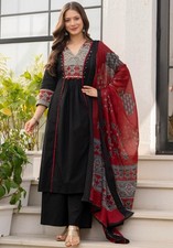 Women's Embroidered Pure Cotton A-Line Kurta Set Palazzo Dupatta Readymade Suit