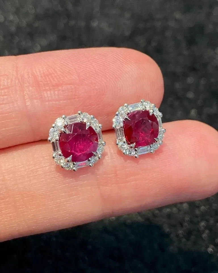 2.51 Ct Cushion Cut Natural Ruby Diamond Lovely Earring Stud 14K Real White Gold - Image 2 of 4