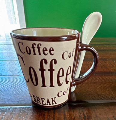 Mr. Coffee 2-Piece 12 oz Ceramic Coffee Mug & Spoon Set Brown Beige White