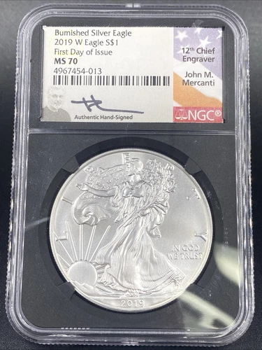 2019-W Burnished Silver Eagle NGC MS70 John Mercanti Signed FDI