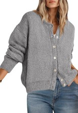 Women's Chunky Knit Cardigan Sweater Long Sleeve Crewneck Button Down Open Front