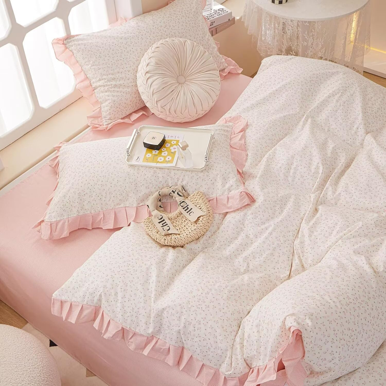 Pink Duvet Cover Full Size 100% Cotton Floral with Ruffle, Princess Coquette Bed