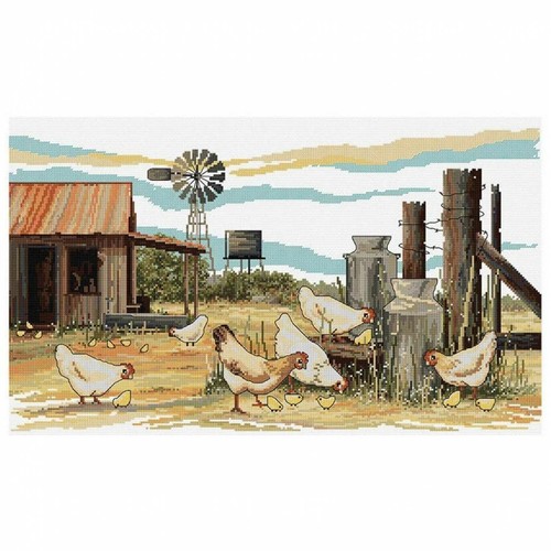 CHICKENS SCRATCHING Country Threads Cross Stitch Kit, 30 x 50cm, FJ-1086 - Picture 2 of 2