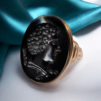 ANTIQUE Georgian Gold -Black Carnelian Intaglio Ring -size 6.5- Hercules- Unisex