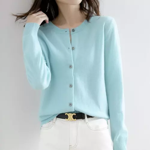 Cárdigan suéter simple de mezcla de cachemir para mujer color liso cuello redondo chaqueta abrigo - Imagen 1 de 37