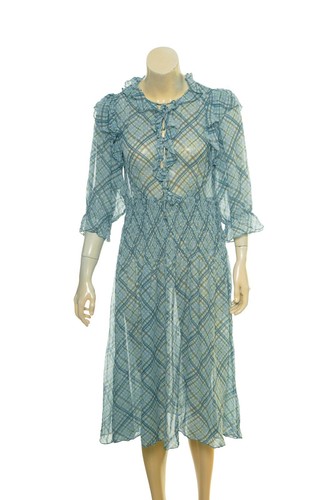 Doen Silk Plaid Midi Dress L 10 Women's Casual 3/4 Sleeve Ruffle Sheer NWD 36688