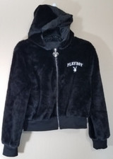Playboy Jacket Women Sz M Black Full Zip Faux Fur Lined Hooded Sweater Bunny New