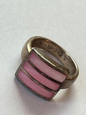 925 Marked Silver Band w Pink Mother of Pearl  Silver Striped Square Ring Size