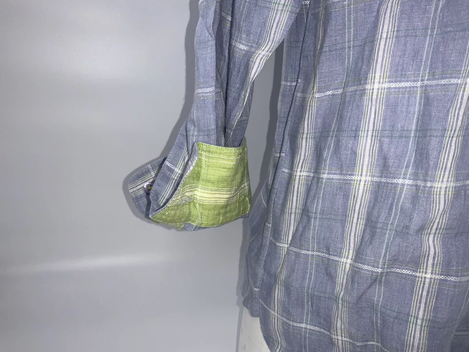 Camisa Indigo Palms Puño Abatible M Azul Cuadros 100% Lino Verde Puño YGI J2-177 Foto 4 de 4