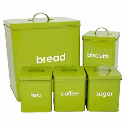 5Pc Bread Bin Set Tea Coffee Sugar Biscuit Canister Jar Enamel
