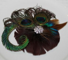 Fascinator feather clip chocolate brown olive green blue peacock sword bridal 