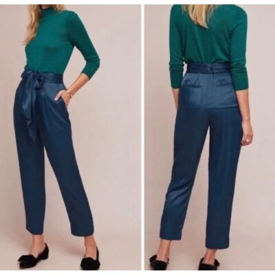 Anthropologie Ett Twa Pants Womens Blue Satin Tie Waist Trousers NEW Sz 10