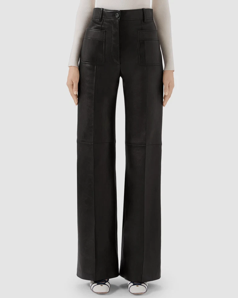 3650 美元古驰女式黑色皮革中腰打褶直筒阔腿裤 M 码