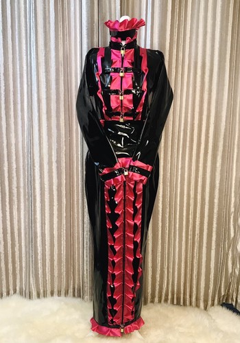Misfitz blk PVC & pink satin lockable sissy Maids hobble dress. SIZE 28. CD TV