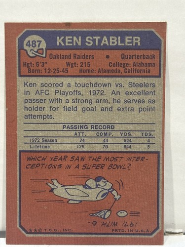 1973 Topps #487 Ken Stabler Rookie RC Near Mint - Picture 7 of 8
