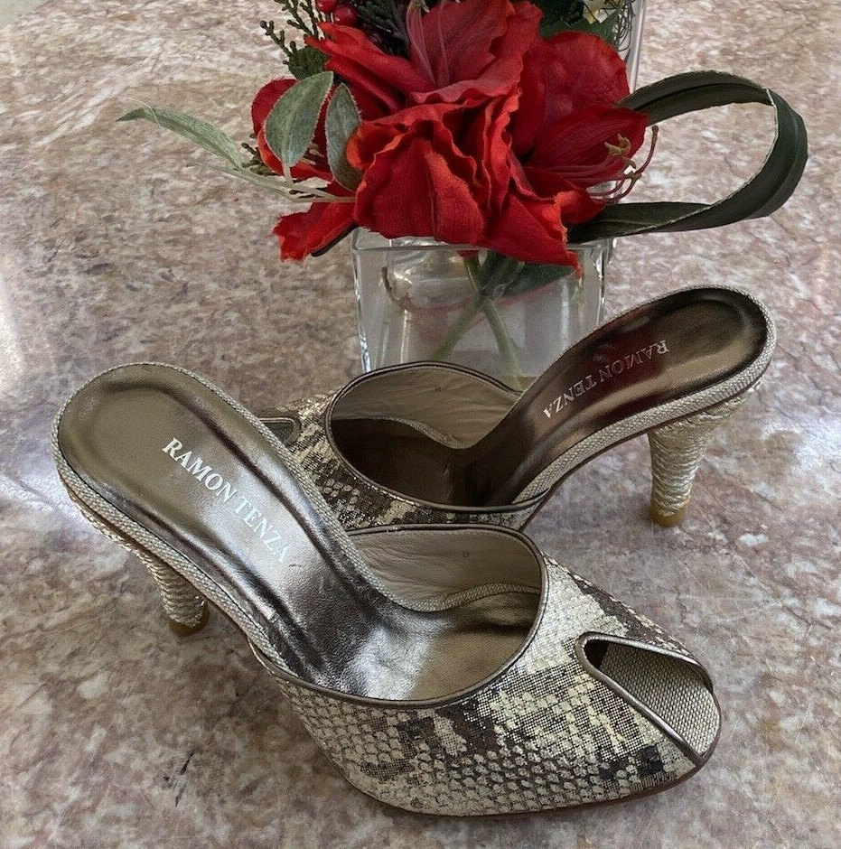 New Ramon Tenza Metallic Gold Snakeskin Leather Peep Toe Mule Heels Sz 8M,  $249