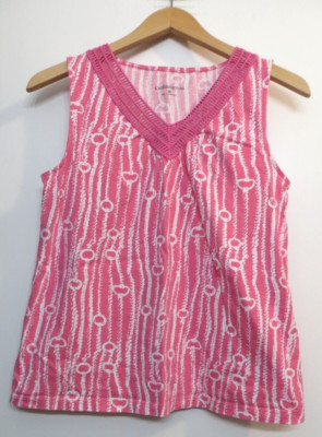 Croft & Barrow Tank Top Shirt Women Medium Pink White Crochet V Neck Cotton FADE