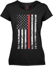 Womens Black Longer USA Flag Thin Red Line Support Fire Fighters Longer T-Shirt