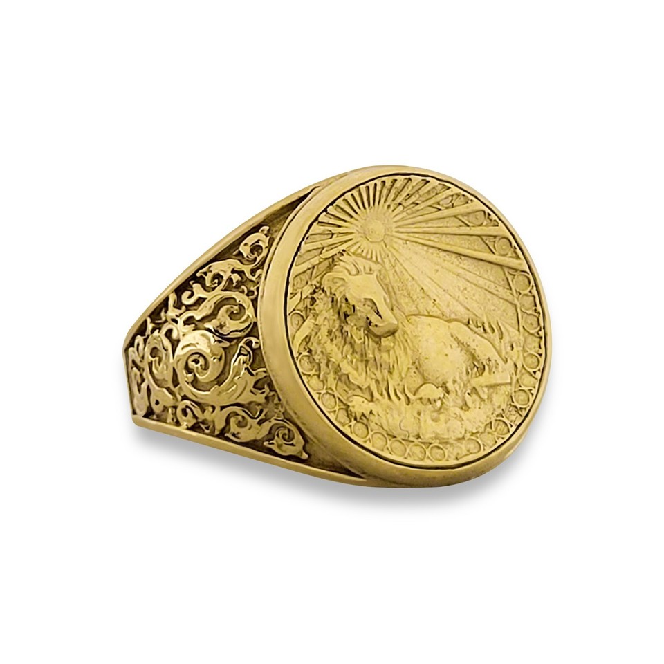 Real 18K Yellow Gold Leo Ring, Zodiac Sign Mens Gold Coin Astrology ...