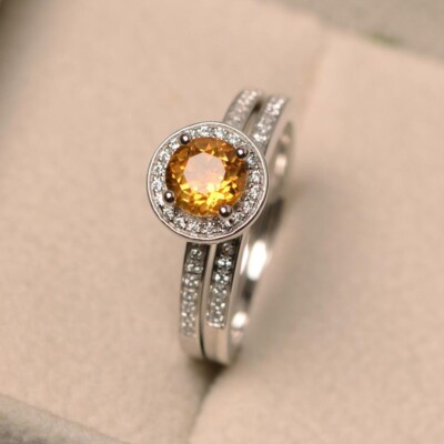 1.54 Ct Round Cut Natural Citrine Diamond Engagement Ring 14K Solid White Gold