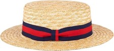 Classic Straw Boater Hat Handmade from Natural Straw (Navy-Red Band, L)