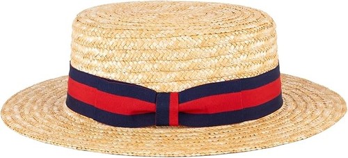 Classic Straw Boater Hat Handmade from Natural Straw (Navy-Red Band, L)