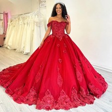 Charming Red Off-Shoulder Ball Gown Wedding Dress Lace Appliques Bridal Gowns